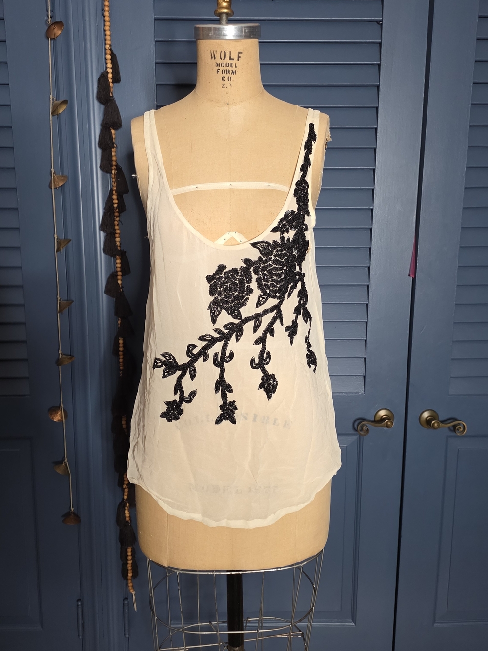 Haute Hippie Cream Sleeveless Embroidered Camisole with Black Floral Appliqué